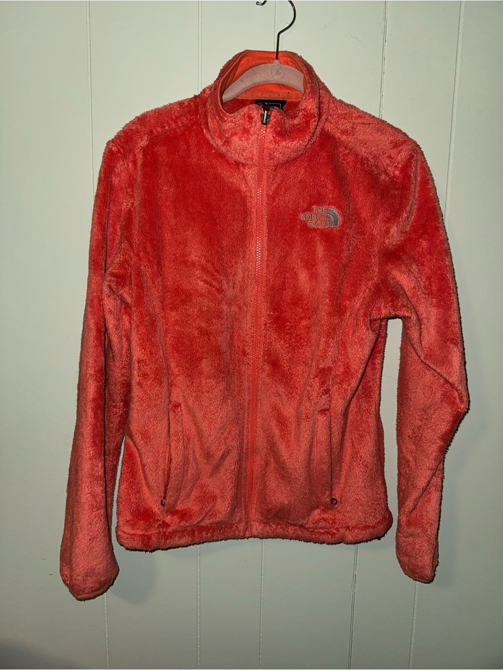The North Face Women’s Coral-Red Plush Full-Zip Teddy Jacket